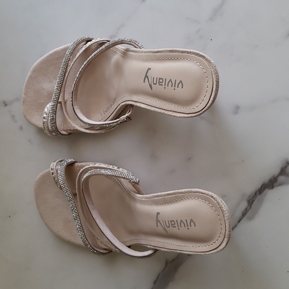 Vivianly Open Round Toe Rhinestone Straped Heeled Slide on Sandals in Nude SZ 8 - Picture 6 of 9